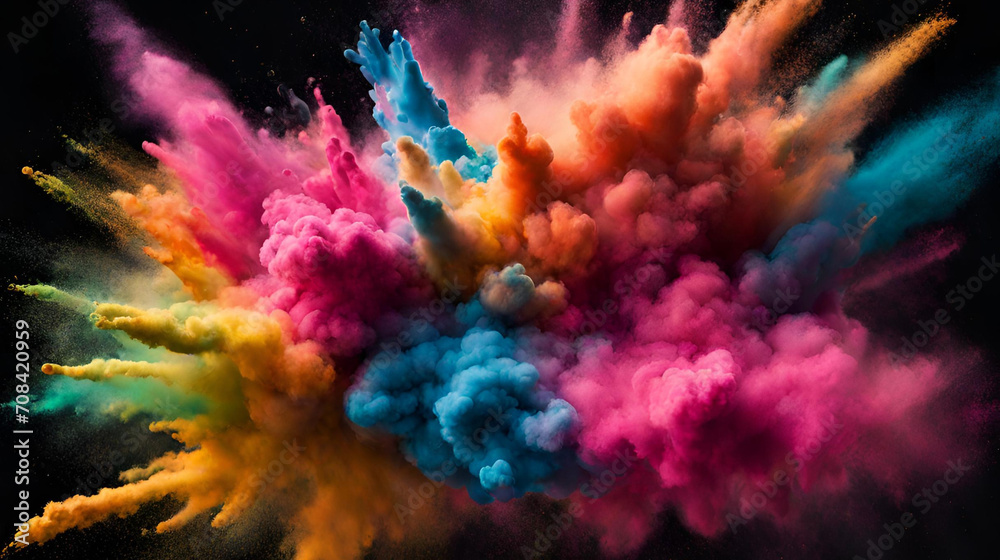 Vibrant Burst: Colored Powder Explosion on Black