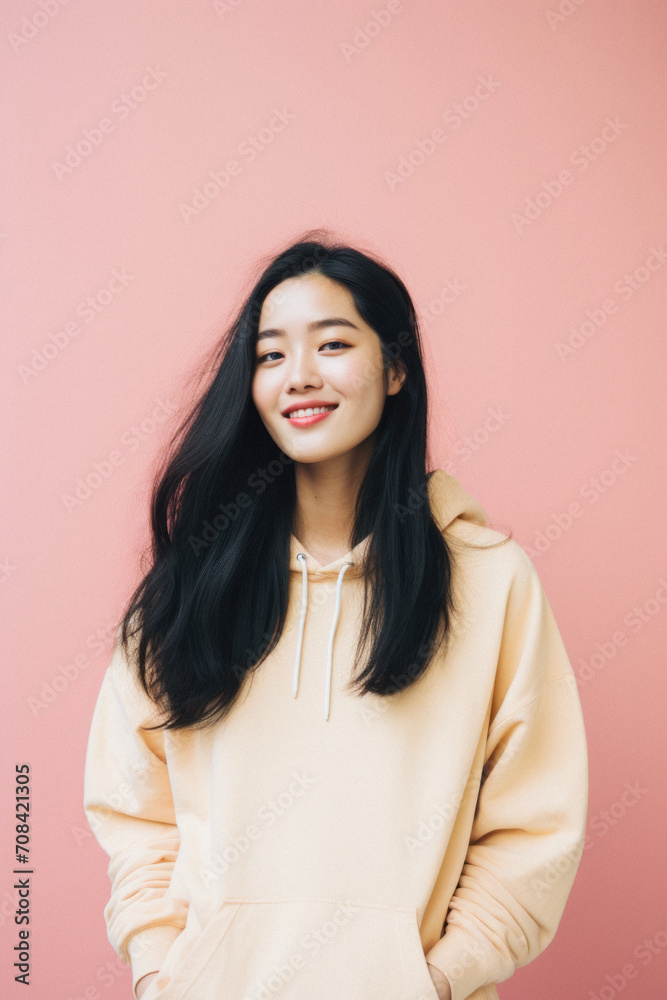 Fototapeta premium Portrait of a young beautiful asian woman smiling on pink background