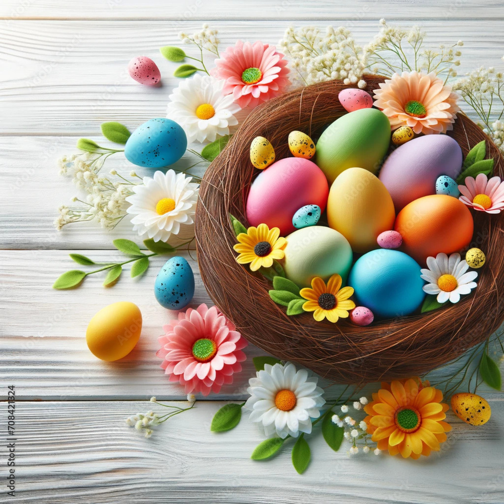 Easter Day composition featuring colorful eggs in a nest and flower decoration, set against a white wood background