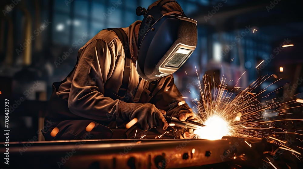 Close-up picture of a person welding onto sheet metal