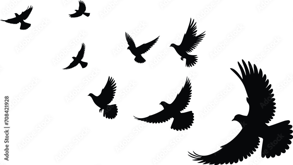 Fototapeta premium Black vector of a flock of birds flying in the sky, 