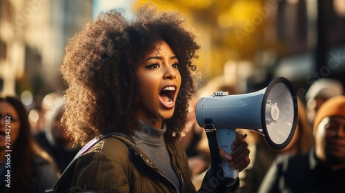 Young African-American woman speaking through a megaphone at a protest photo