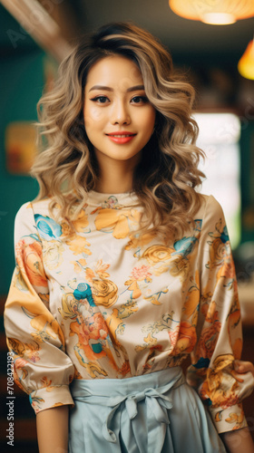 Beautiful asian woman with curly hairstyle in a cafe .