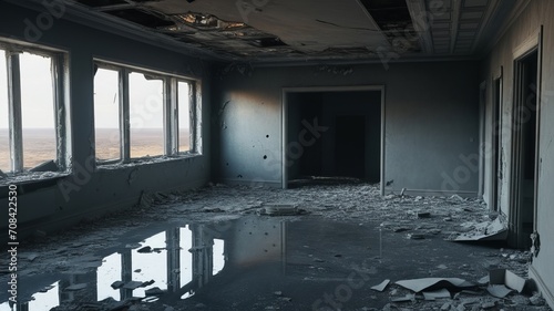 interior of a post apocalyptic destroyed building with dark atmosphere