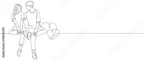 Illustration of happy couple in line art drawing style. Love and friendship black linear sketch isolated on white background. Vector illustration