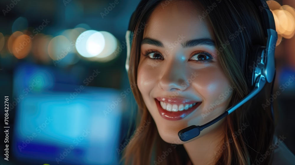 happy female contract service representative telemarketing operator smiling to camera. Happy beautiful woman call center agent or salesman wearing headset working in customer support office happy female contract service representative telemarketing operator smiling to camera. Happy beautiful woman call center agent or salesman wearing headset working in customer support office