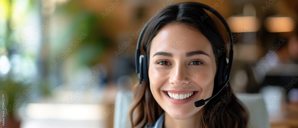 happy female contract service representative telemarketing operator smiling to camera. Happy beautiful woman call center agent or salesman wearing headset working in customer support office happy female contract service representative telemarketing operator smiling to camera. Happy beautiful woman call center agent or salesman wearing headset working in customer support office