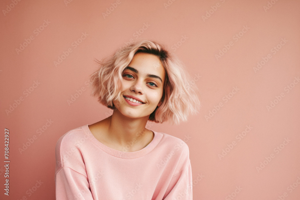 Fototapeta premium Portrait of a beautiful young woman with blonde hair in a pink sweater on a pink background