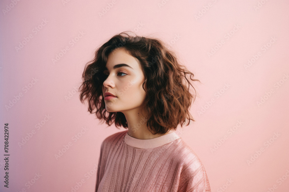Portrait of a beautiful girl with curly hair on a pink background Portrait of a beautiful girl with curly hair on a pink background