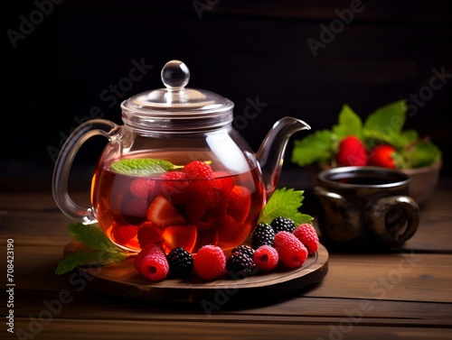 Tea with berries in transparent teapot. Teapot on wooden stand with dark background.