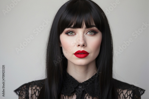 portrait of a adult woman with red lips and black hair