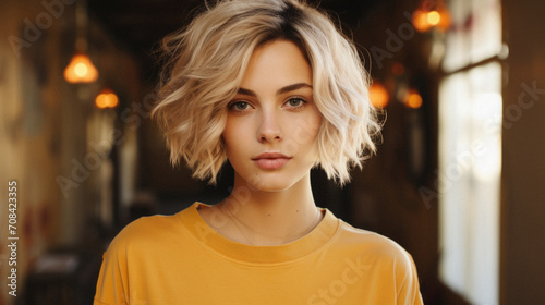 Portrait of a beautiful young woman with blond hair in a yellow sweater .
