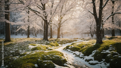 An enchanting forest scene depicting the transition from winter to spring © Anjalee
