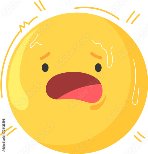 Yellow cartoon face showing fever and tiredness symptoms. Sick emoji with hot forehead, sweat, and tired expression. Health issue, feverish feeling vector illustration.