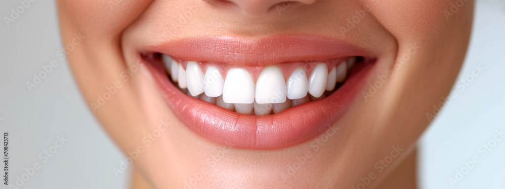 Naklejka premium Close-Up Of Perfect White Female Teeth, Dental Care And Tooth Whitening Service.