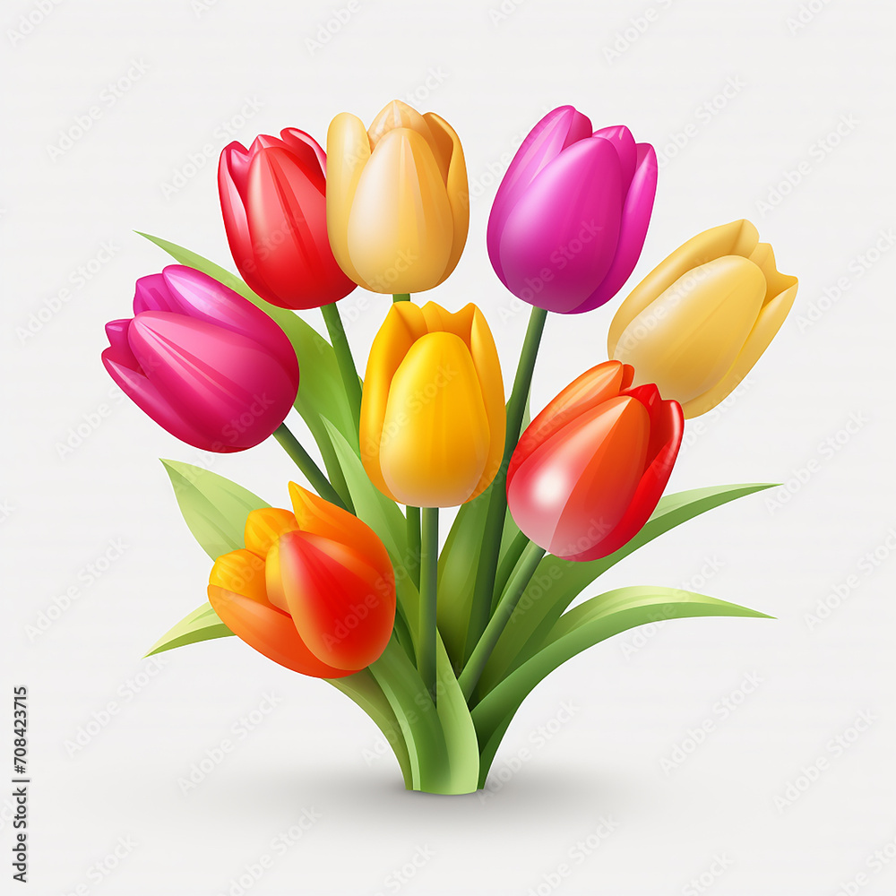 Obraz premium Bouquet of colorful tulips on white background. Vector illustration.