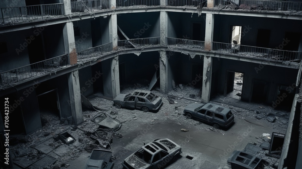 interior of a post apocalyptic destroyed building with dark atmosphere