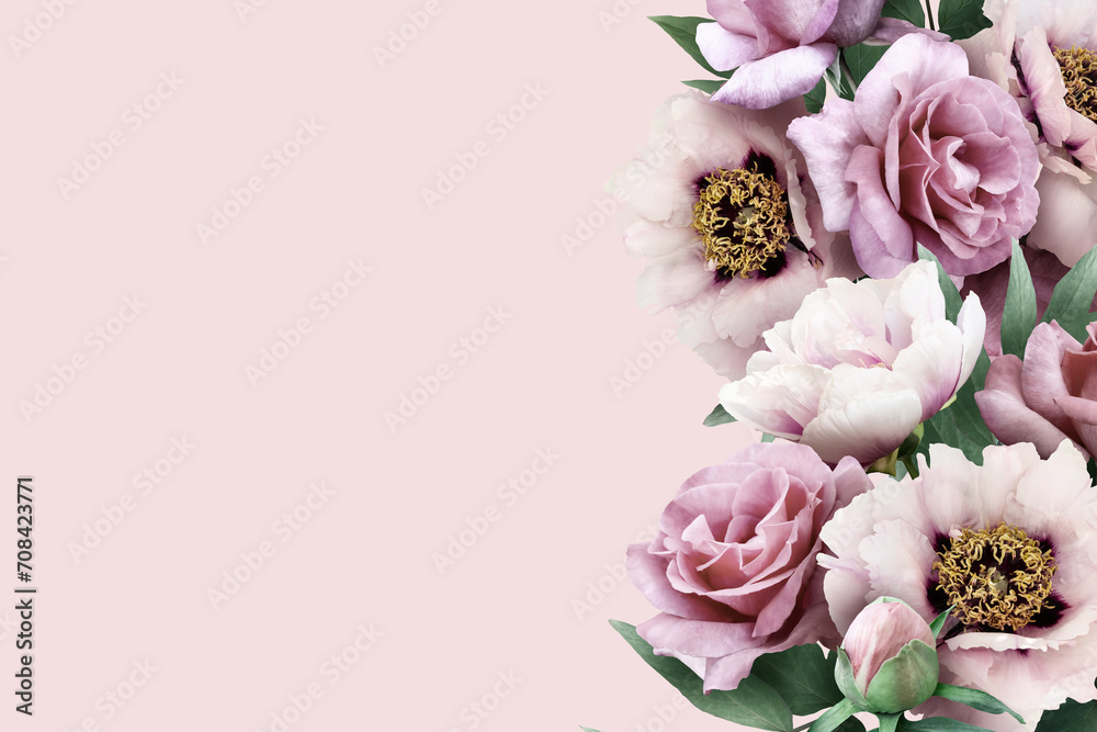Floral banner, header with copy space. Pink  peony and roses isolated on pastel background. Natural flowers wallpaper or greeting card.
