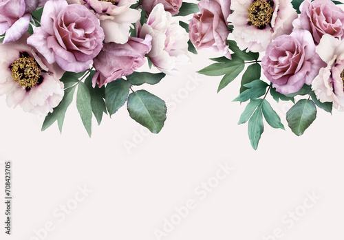 Fototapeta Naklejka Na Ścianę i Meble -  Floral banner, header with copy space. Pink  peony and roses isolated on pastel background. Natural flowers wallpaper or greeting card.