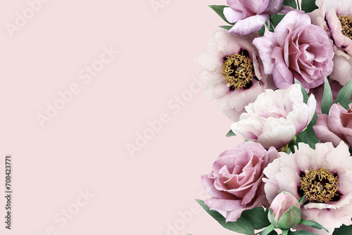 Wallpaper Mural Floral banner, header with copy space. Pink  peony and roses isolated on pastel background. Natural flowers wallpaper or greeting card. Torontodigital.ca