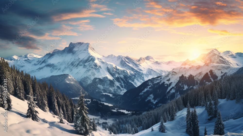 View of Switzerland mountains at sunrise