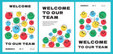 A set of poster templates with doodle faces with different emotions. Vivid crayon style illustrations. The inscription on the postcard: Welcome to our team.