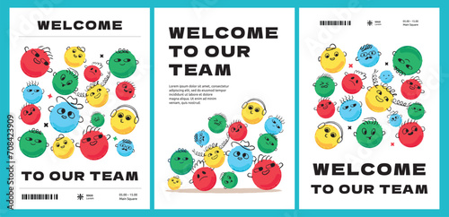 A set of poster templates with doodle faces with different emotions. Vivid crayon style illustrations. The inscription on the postcard: Welcome to our team.