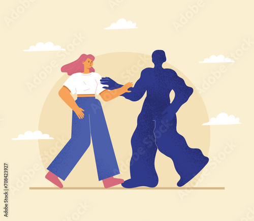 Meeting with the shadow, a metaphor for the Jungian theory of connection with the negated unconscious. A young woman stands in front of a dark strange figure and reaches out to her with her hand.