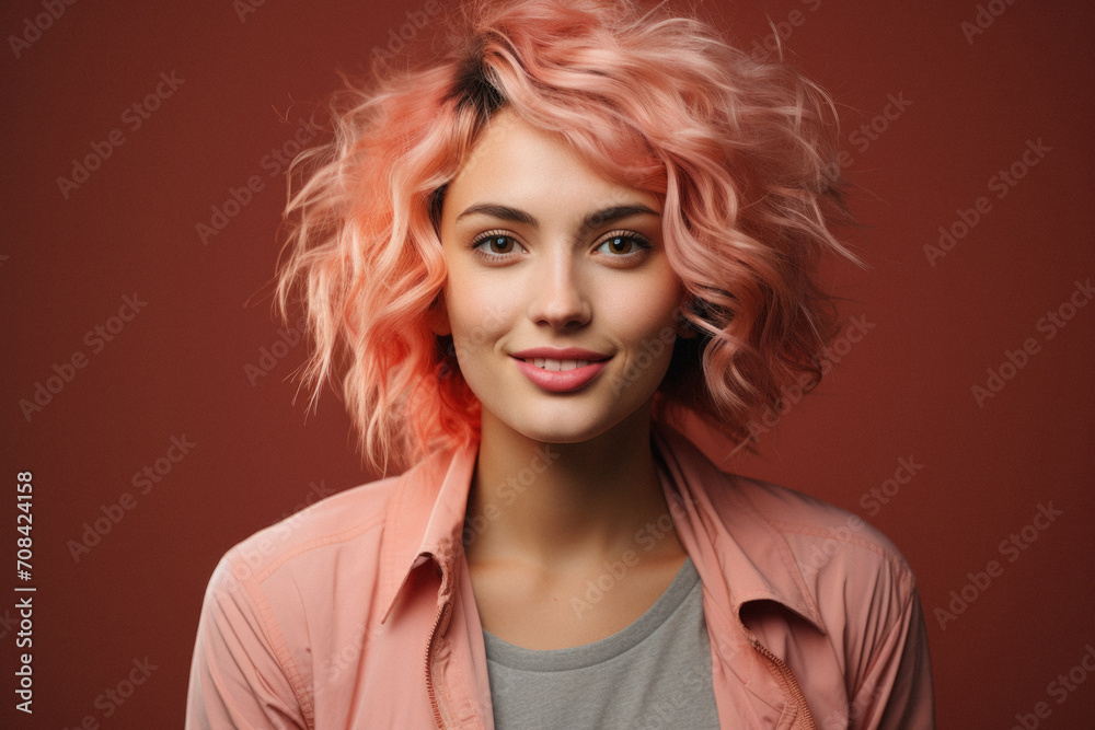 Beautiful young woman with dyed hair on color background, closeup