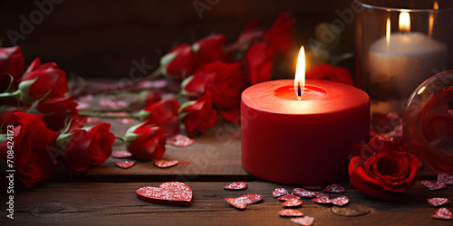 Candlelight Romance  Beautiful romantic red candles with flower petals on dark wooden background  Romantic gift with candles  love concept  