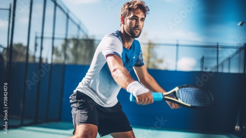  Male athlete going for a backhand shot on a blue padel court. Skilled padel player wielding his padel racket during a competitive sports game.  photo