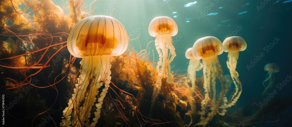 A Pacific Sea Nettle jellyfish swims through a kelp forest in Monterey Bay, known for its large jellyfish blooms. A Pacific Sea Nettle jellyfish swims through a kelp forest in Monterey Bay, known for its large jellyfish blooms.