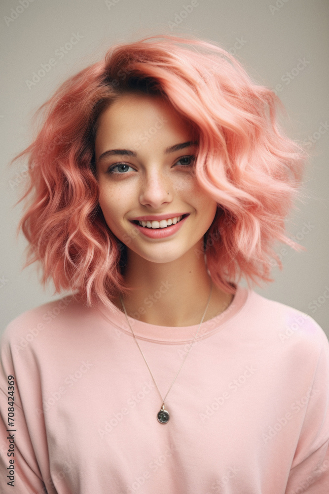 Portrait of a beautiful young woman with pink hair. Studio shot . Portrait of a beautiful young woman with pink hair. Studio shot .