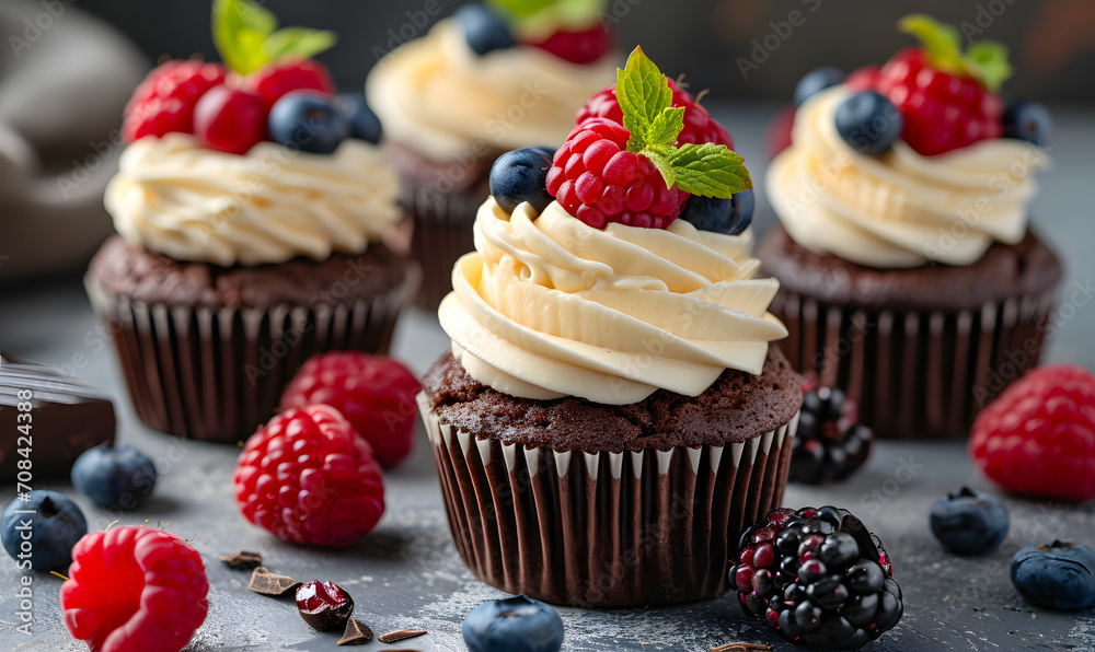 Chocolate cupcakes with cream cheese frosting and fresh berries, Generative AI 