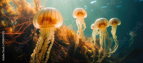 A Pacific Sea Nettle jellyfish swims through a kelp forest in Monterey Bay, known for its large jellyfish blooms.