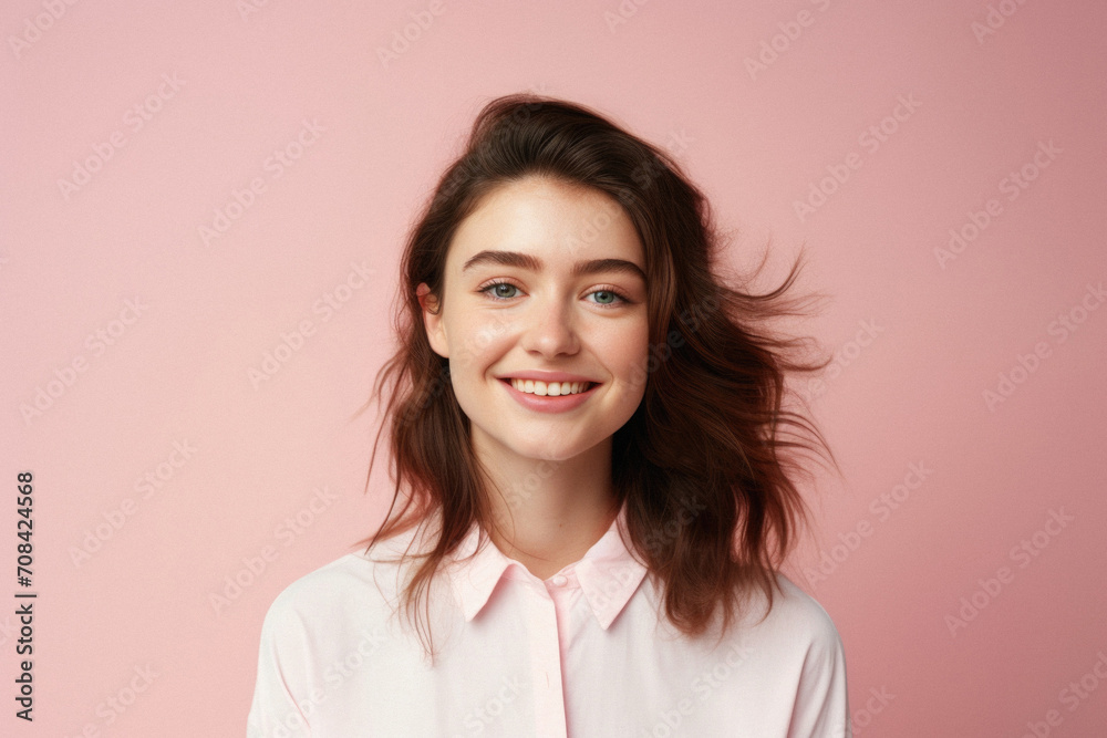 Portrait of beautiful young woman with flying hair on pink background . Portrait of beautiful young woman with flying hair on pink background .