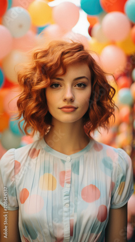 Portrait of beautiful young woman with red hair and colorful balloons .