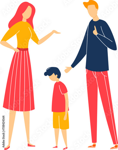 Woman gesturing to a boy while man shows approval. Modern family with child communication. Parenting and guidance vector illustration. © Seahorsevector