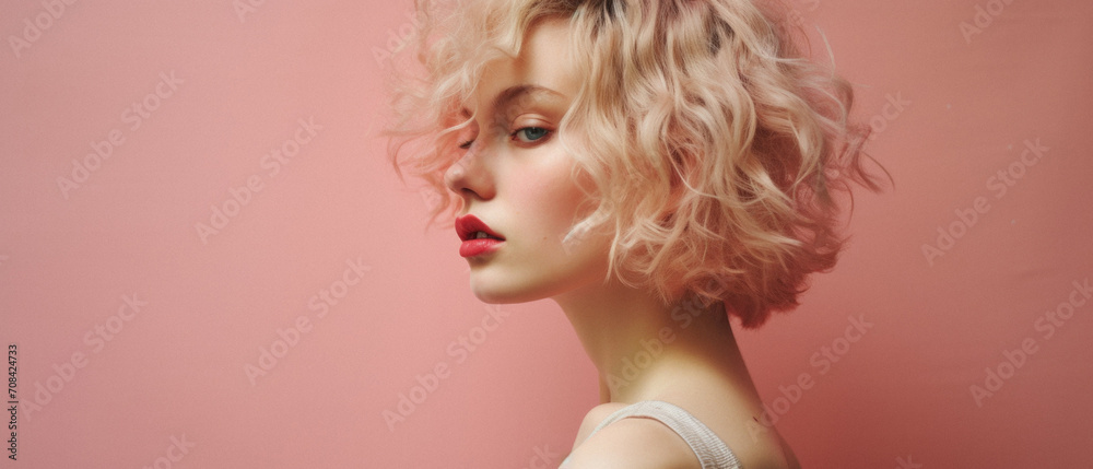 Portrait of a beautiful blonde girl with curly hair on a pink background