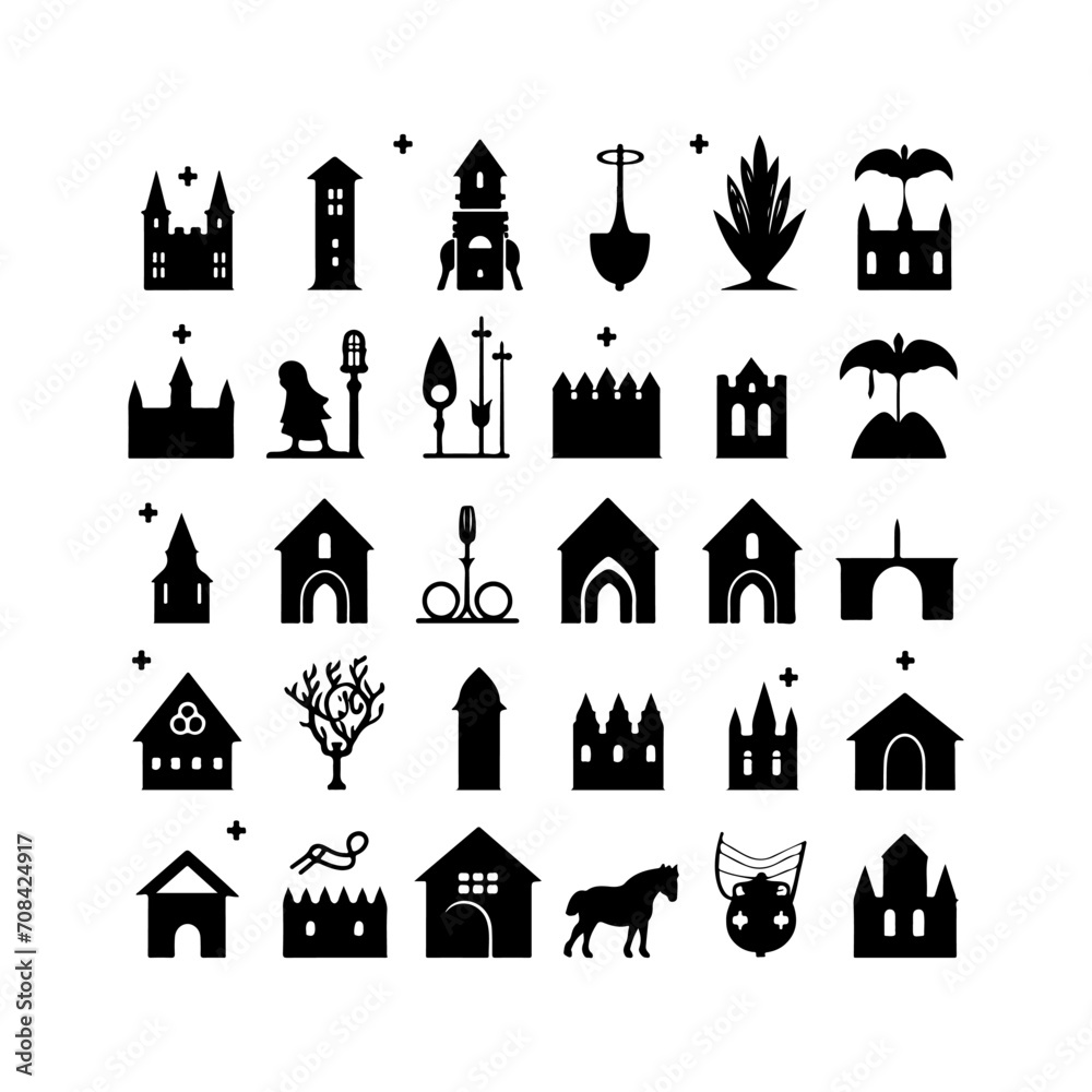 Medieval icons silhouette and vector illustration