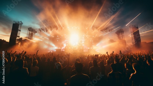 Partying crowds illuminate a live concert stage at a summer music festival. photo