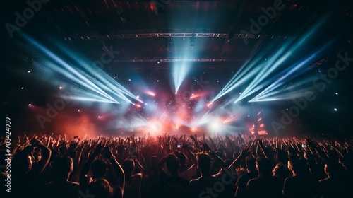 Partying crowds illuminate a live concert stage at a summer music festival.
