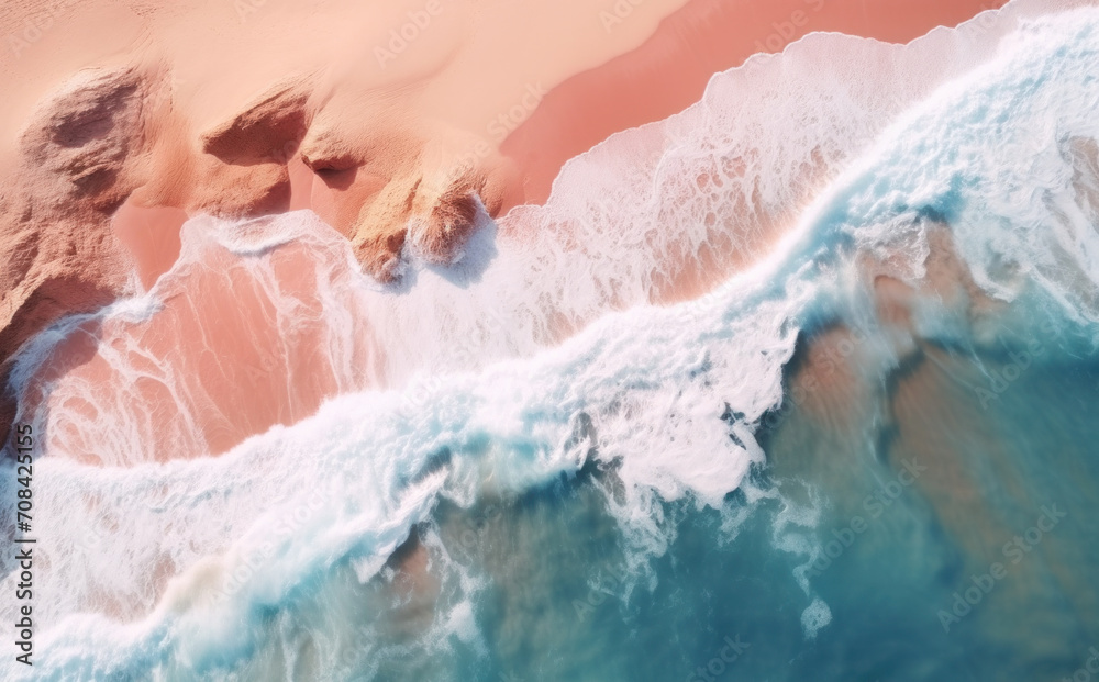 Aerial view of gentle waves caressing a sandy shore, a dance of nature's hues and textures