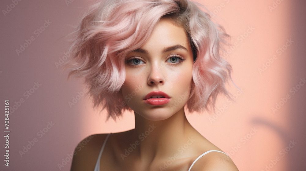 Portrait of a beautiful girl with pink hair on a pink background