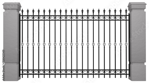 Section of decorative forded fence with concrete piers. Wrought iron fence. 3D render.