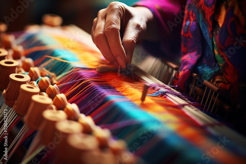 A pair of hands skillfully weaving vibrant threads into a tapestry, embodying the artistry and patience required for textile craftsmanship. Concept of textile art. Generative Ai.