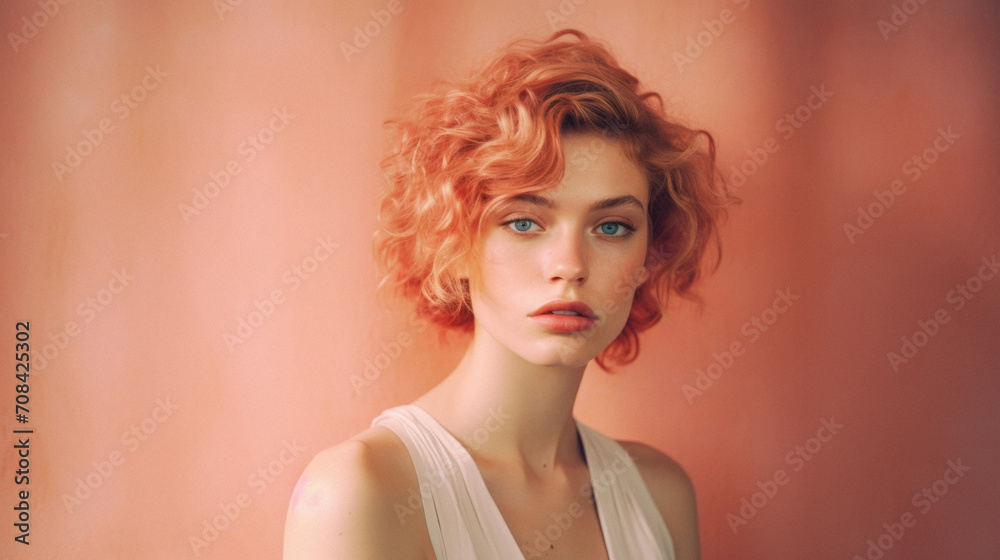 Portrait of beautiful young woman with red curly hair looking at camera