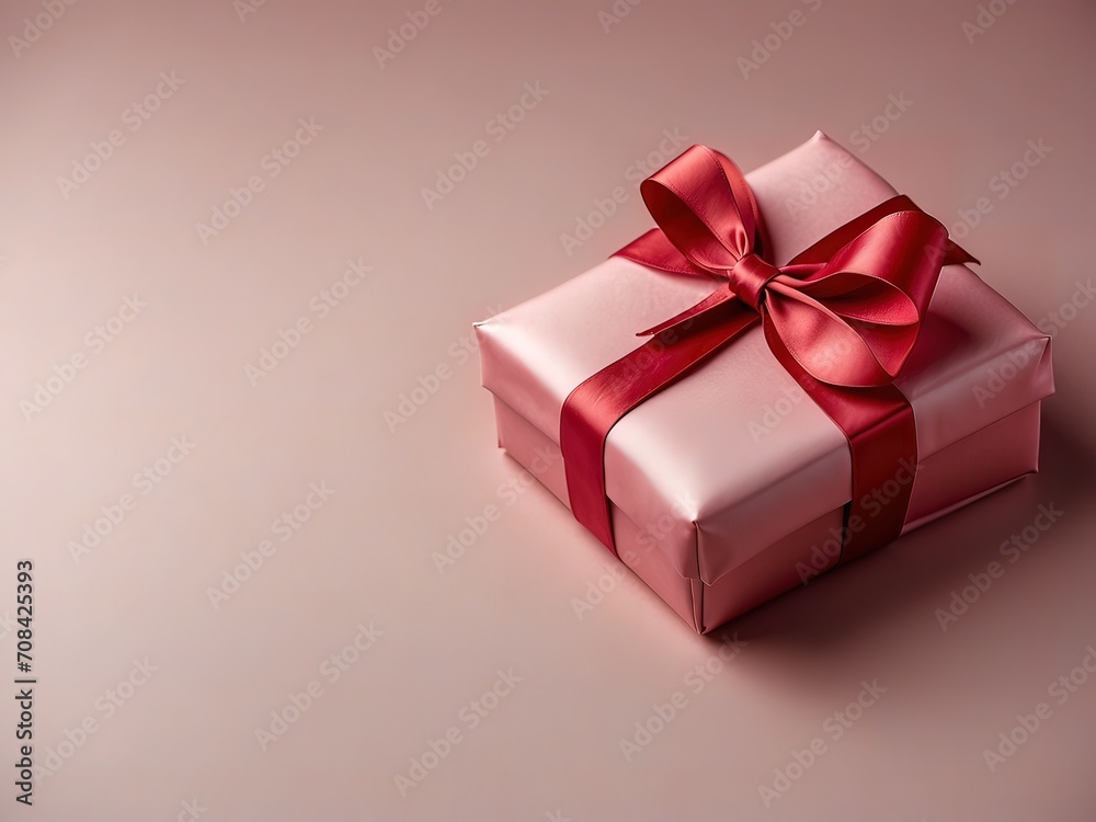 Banner with pink gift box with ribbon and bow on white pink background.Holiday gift with Birthday or Valentine present,flat lay, top view, copy space..Generated by AI Banner with pink gift box with ribbon and bow on white pink background.Holiday gift with Birthday or Valentine present,flat lay, top view, copy space..Generated by AI