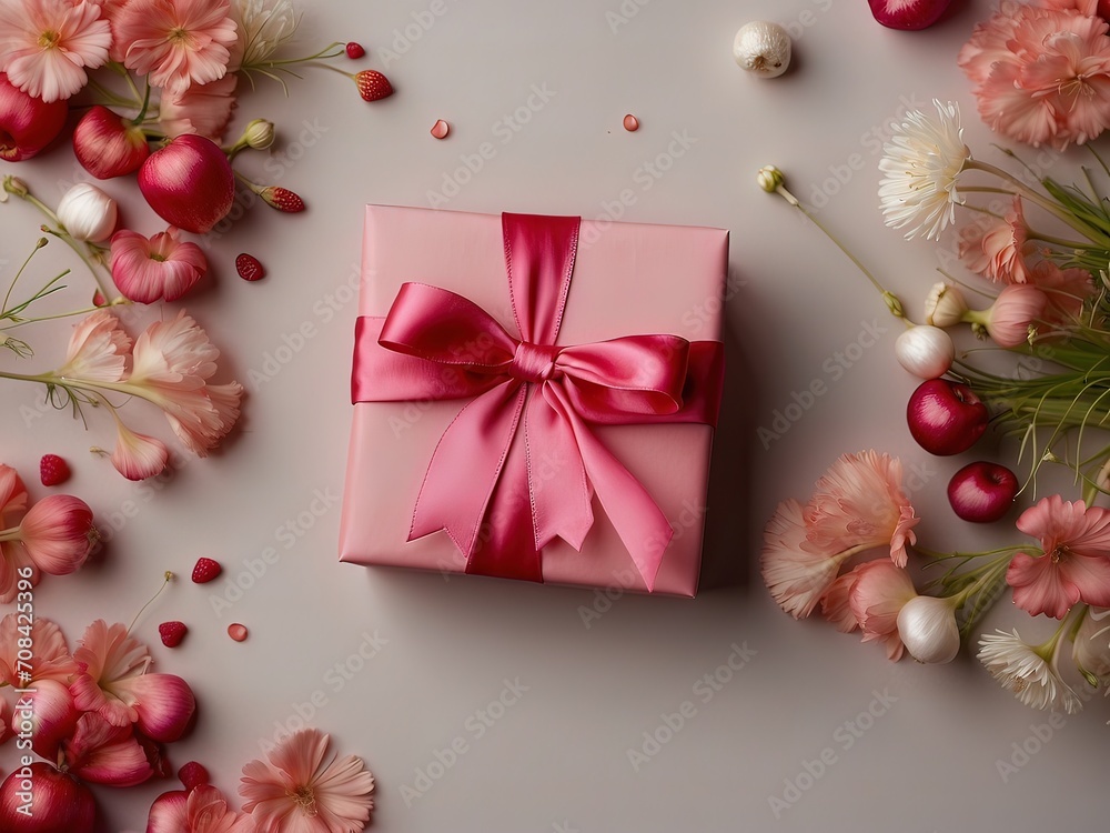 Banner with pink gift box with ribbon and bow on white pink background.Holiday gift with Birthday or Valentine present,flat lay, top view, copy space..Generated by AI Banner with pink gift box with ribbon and bow on white pink background.Holiday gift with Birthday or Valentine present,flat lay, top view, copy space..Generated by AI