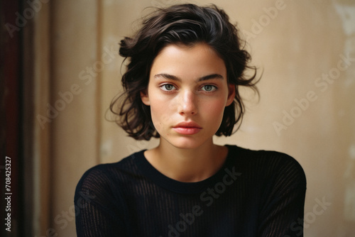 Portrait of a beautiful young woman with dark hair  looking at camera .